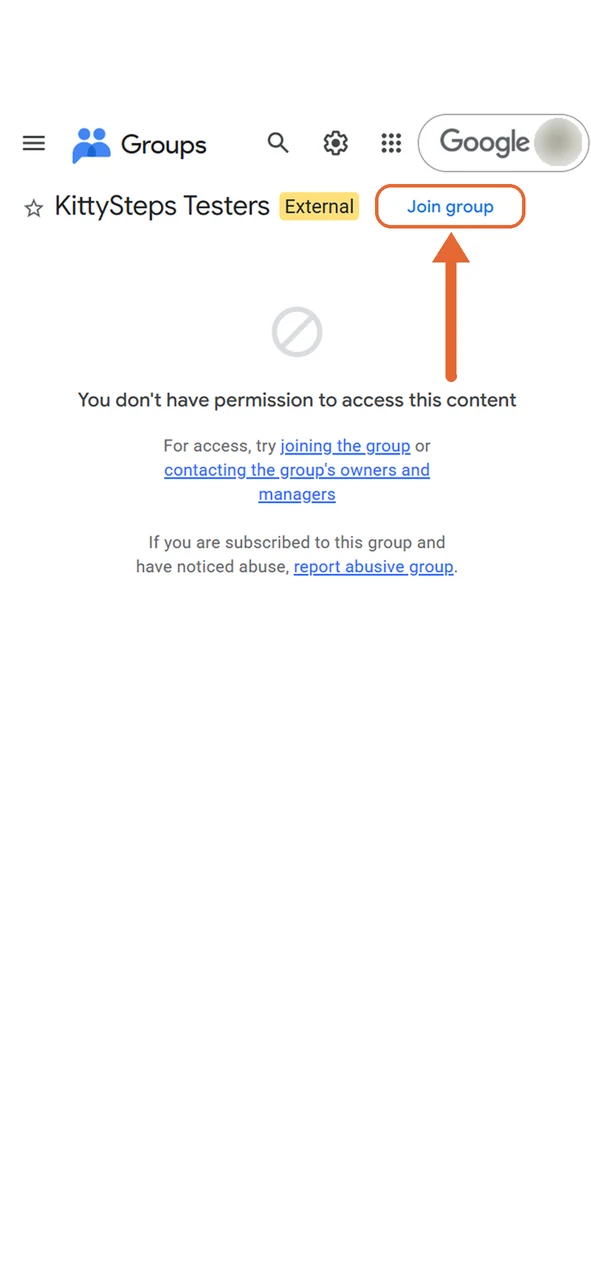 The KittySteps Testers group page with the Join group button