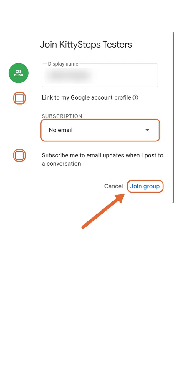 The join dialog with two checkboxes and the Join group button