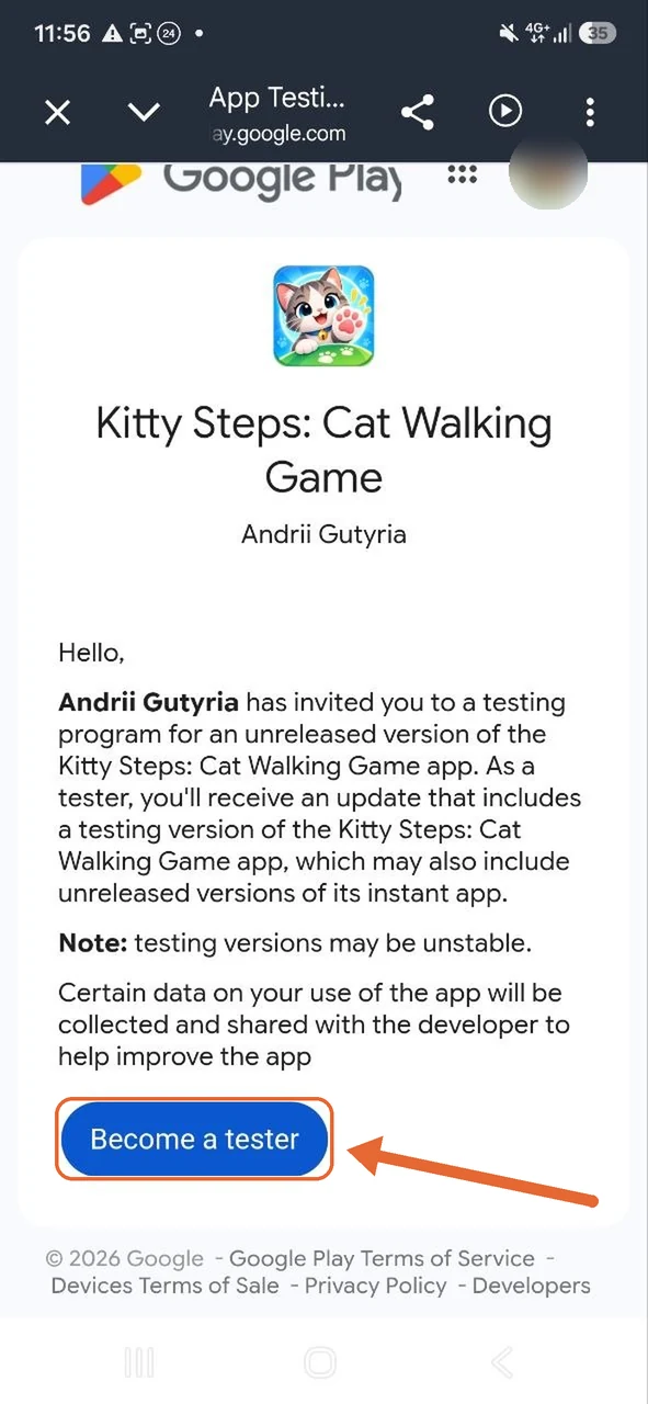 The Google Play testing page with the Become a tester button