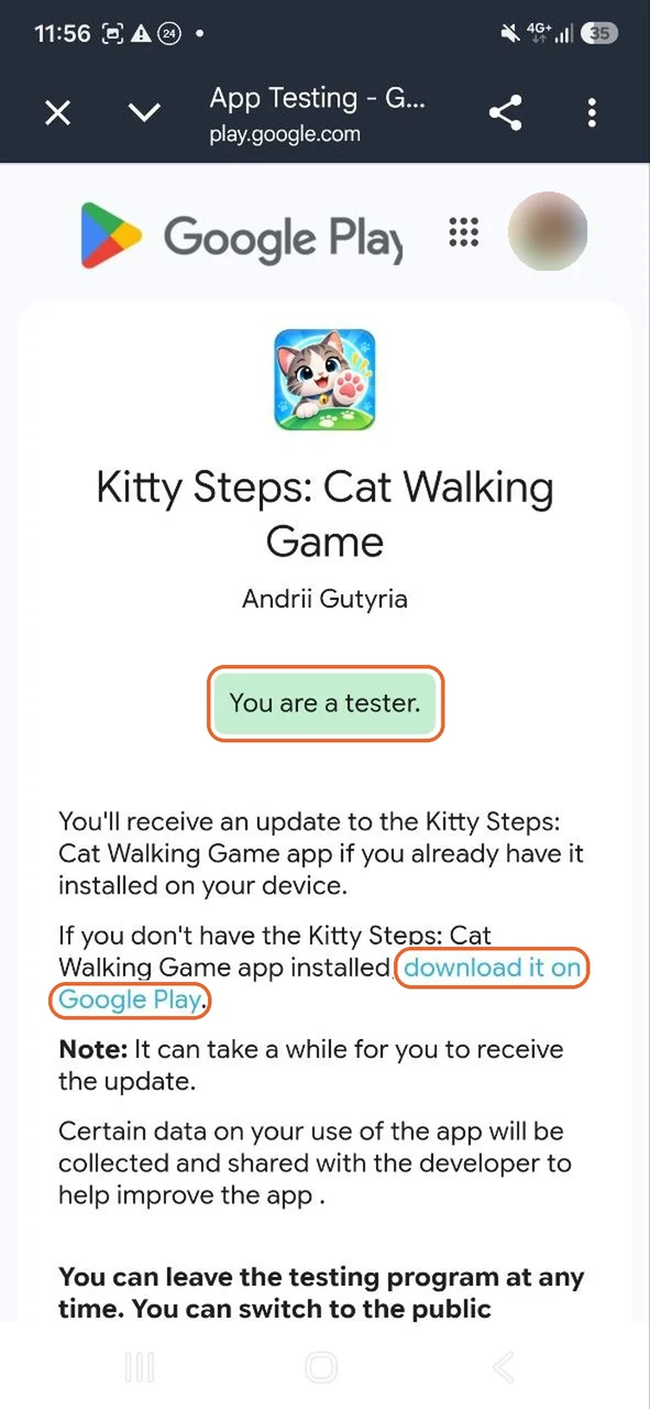 The You are a tester confirmation and the download it on Google Play link